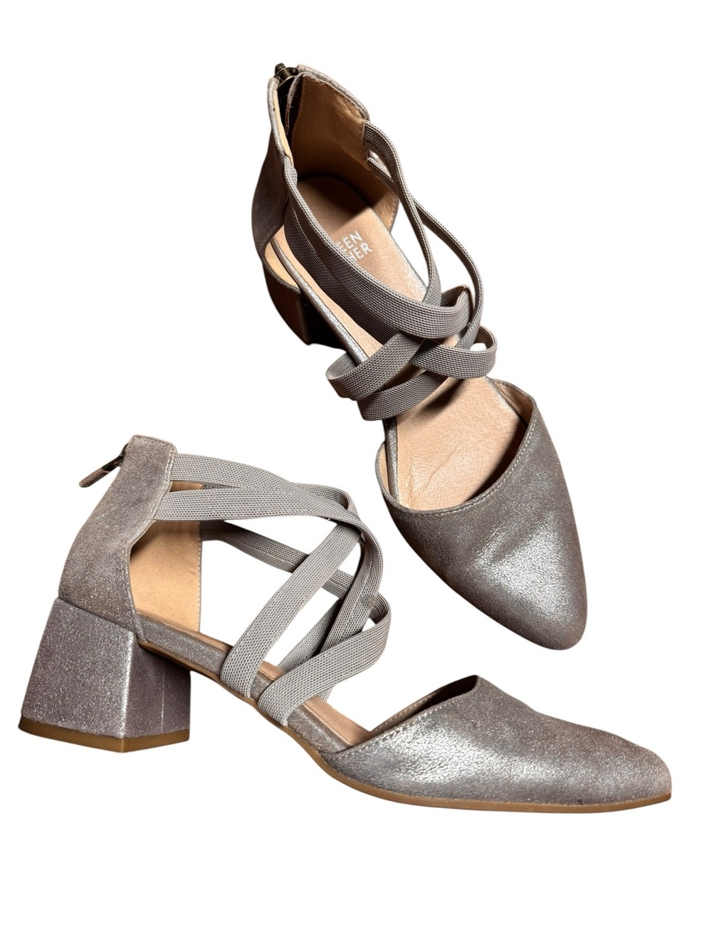 Eileen Fisher Juku Pump Sandals Size 8 Silver Nubuck Leather Strappy Closed Toe